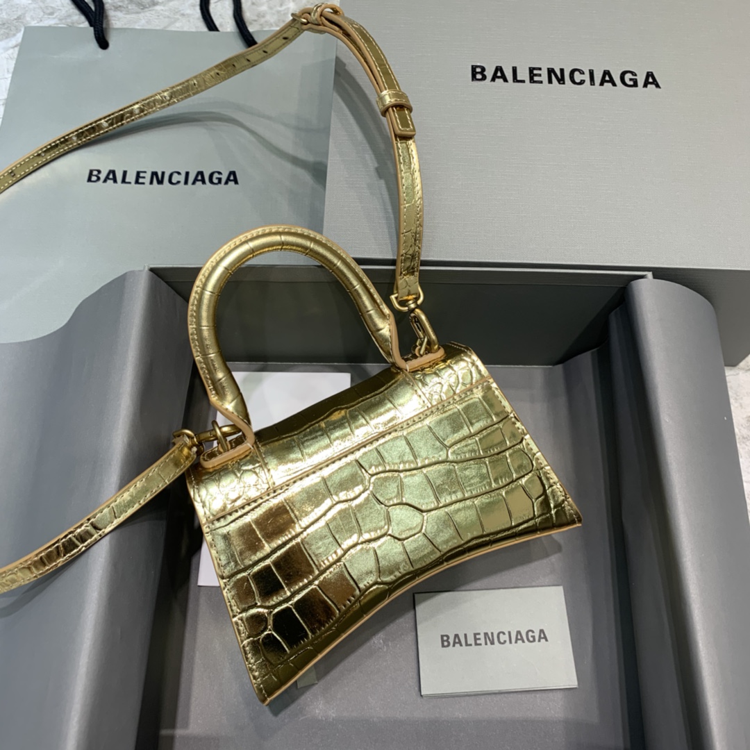 Balenciaga Hourglass XS Handbag Crocodile Embossed Shoulder Bag Gold